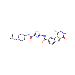 CC(C)CN1CCC(NC(=O)c2csc(NC(=O)c3ccc4cc5n(c4c3)[C@H](C)CNC5=O)n2)CC1 ZINC000029127868