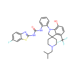 CC(C)CN1CCC2(CC1)CN(c1ccccc1NC(=O)Nc1nc3ccc(F)cc3s1)c1c(O)ccc(C(F)(F)F)c12 ZINC001772649199