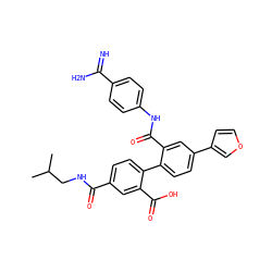CC(C)CNC(=O)c1ccc(-c2ccc(-c3ccoc3)cc2C(=O)Nc2ccc(C(=N)N)cc2)c(C(=O)O)c1 ZINC000040979195