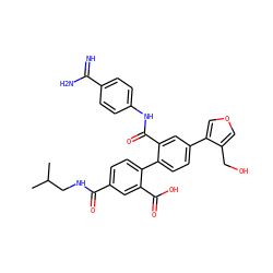 CC(C)CNC(=O)c1ccc(-c2ccc(-c3cocc3CO)cc2C(=O)Nc2ccc(C(=N)N)cc2)c(C(=O)O)c1 ZINC000042890160