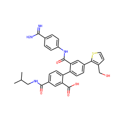 CC(C)CNC(=O)c1ccc(-c2ccc(-c3sccc3CO)cc2C(=O)Nc2ccc(C(=N)N)cc2)c(C(=O)O)c1 ZINC000042805998
