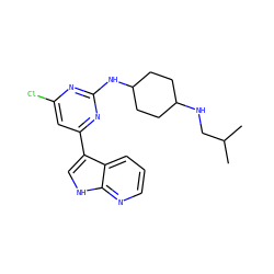 CC(C)CNC1CCC(Nc2nc(Cl)cc(-c3c[nH]c4ncccc34)n2)CC1 ZINC000063539699