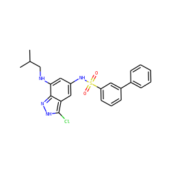 CC(C)CNc1cc(NS(=O)(=O)c2cccc(-c3ccccc3)c2)cc2c(Cl)[nH]nc12 ZINC000013531419