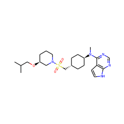 CC(C)CO[C@H]1CCCN(S(=O)(=O)C[C@H]2CC[C@H](N(C)c3ncnc4[nH]ccc34)CC2)C1 ZINC000261153739