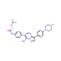 CC(C)COC(=O)Nc1ccc(-c2cnc3c(-c4ccc(N5CCN(C)CC5)cc4)cnn3c2N)cc1 ZINC000049036265