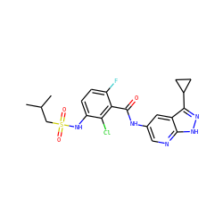 CC(C)CS(=O)(=O)Nc1ccc(F)c(C(=O)Nc2cnc3[nH]nc(C4CC4)c3c2)c1Cl ZINC000073240745