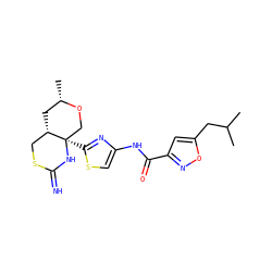 CC(C)Cc1cc(C(=O)Nc2csc([C@@]34CO[C@@H](C)C[C@H]3CSC(=N)N4)n2)no1 ZINC001772571490