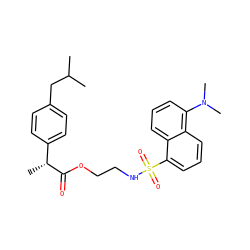 CC(C)Cc1ccc([C@@H](C)C(=O)OCCNS(=O)(=O)c2cccc3c(N(C)C)cccc23)cc1 ZINC000095597970
