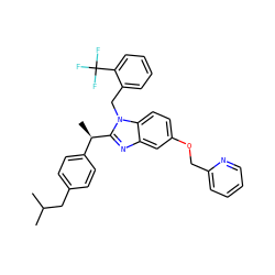 CC(C)Cc1ccc([C@@H](C)c2nc3cc(OCc4ccccn4)ccc3n2Cc2ccccc2C(F)(F)F)cc1 ZINC001772625645