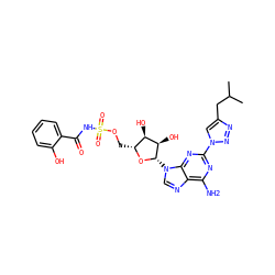CC(C)Cc1cn(-c2nc(N)c3ncn([C@@H]4O[C@H](COS(=O)(=O)NC(=O)c5ccccc5O)[C@@H](O)[C@H]4O)c3n2)nn1 ZINC000044360370