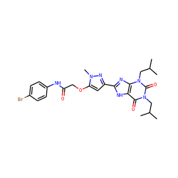 CC(C)Cn1c(=O)c2[nH]c(-c3cc(OCC(=O)Nc4ccc(Br)cc4)n(C)n3)nc2n(CC(C)C)c1=O ZINC000029230588