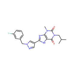 CC(C)Cn1c(=O)c2[nH]c(-c3cnn(Cc4cccc(F)c4)c3)nc2n(C)c1=O ZINC000029055775