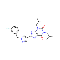 CC(C)Cn1c(=O)c2[nH]c(-c3cnn(Cc4cccc(F)c4)c3)nc2n(CC(C)C)c1=O ZINC000036124075