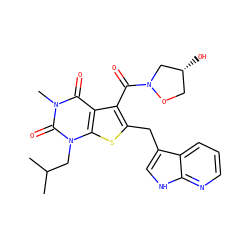 CC(C)Cn1c(=O)n(C)c(=O)c2c(C(=O)N3C[C@H](O)CO3)c(Cc3c[nH]c4ncccc34)sc21 ZINC000014977631