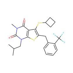 CC(C)Cn1c(=O)n(C)c(=O)c2c(SC3CCC3)c(Cc3ccccc3C(F)(F)F)sc21 ZINC000014977654