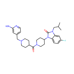 CC(C)Cn1c(=O)n(C2CCN(C(=O)C3CCN(Cc4ccnc(N)c4)CC3)CC2)c2ccc(F)cc21 ZINC000096285293