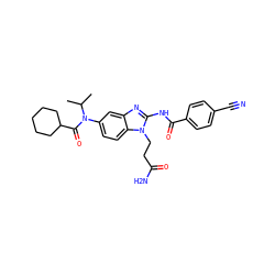 CC(C)N(C(=O)C1CCCCC1)c1ccc2c(c1)nc(NC(=O)c1ccc(C#N)cc1)n2CCC(N)=O ZINC000040862036