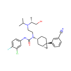 CC(C)N(CCN(C(=O)Nc1ccc(F)c(Cl)c1)[C@@H]1CC[C@]2(c3cccc(C#N)c3)C[C@@H]2C1)[C@H](C)CO ZINC000028649989