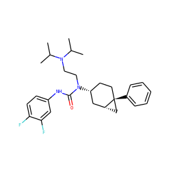 CC(C)N(CCN(C(=O)Nc1ccc(F)c(F)c1)[C@@H]1CC[C@]2(c3ccccc3)C[C@@H]2C1)C(C)C ZINC000028649955