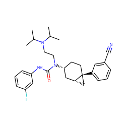 CC(C)N(CCN(C(=O)Nc1cccc(F)c1)[C@@H]1CC[C@]2(c3cccc(C#N)c3)C[C@@H]2C1)C(C)C ZINC000028649911