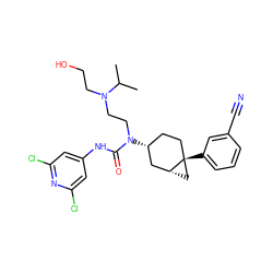 CC(C)N(CCO)CCN(C(=O)Nc1cc(Cl)nc(Cl)c1)[C@@H]1CC[C@]2(c3cccc(C#N)c3)C[C@@H]2C1 ZINC000028650003