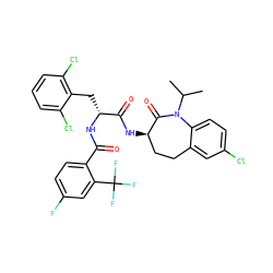 CC(C)N1C(=O)[C@H](NC(=O)[C@@H](Cc2c(Cl)cccc2Cl)NC(=O)c2ccc(F)cc2C(F)(F)F)CCc2cc(Cl)ccc21 ZINC000028958161