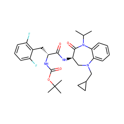 CC(C)N1C(=O)[C@H](NC(=O)[C@@H](Cc2c(F)cccc2F)NC(=O)OC(C)(C)C)CN(CC2CC2)c2ccccc21 ZINC000029040512