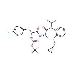 CC(C)N1C(=O)[C@H](NC(=O)[C@@H](Cc2ccc(F)cc2)NC(=O)OC(C)(C)C)CN(CC2CC2)c2ccccc21 ZINC000029040510