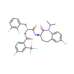 CC(C)N1C(=O)[C@H](NC(=O)[C@@H](Cc2cccc(F)c2F)NC(=O)c2ccc(F)cc2C(F)(F)F)CCc2cc(Cl)ccc21 ZINC000028958142