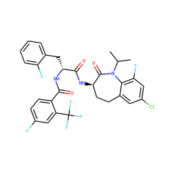 CC(C)N1C(=O)[C@H](NC(=O)[C@@H](Cc2ccccc2F)NC(=O)c2ccc(F)cc2C(F)(F)F)CCc2cc(Cl)cc(F)c21 ZINC000096927106