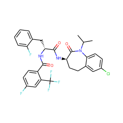 CC(C)N1C(=O)[C@H](NC(=O)[C@@H](Cc2ccccc2F)NC(=O)c2ccc(F)cc2C(F)(F)F)CCc2cc(Cl)ccc21 ZINC000028958135