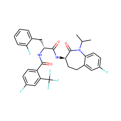 CC(C)N1C(=O)[C@H](NC(=O)[C@@H](Cc2ccccc2F)NC(=O)c2ccc(F)cc2C(F)(F)F)CCc2cc(F)ccc21 ZINC000096923652