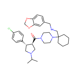CC(C)N1C[C@H](c2ccc(Cl)cc2)[C@@H](C(=O)N2CCN(C3(CNCc4ccc5c(c4)OCO5)CCCCC3)CC2)C1 ZINC000028954008