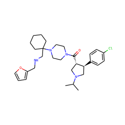 CC(C)N1C[C@H](c2ccc(Cl)cc2)[C@@H](C(=O)N2CCN(C3(CNCc4ccco4)CCCCC3)CC2)C1 ZINC000028953706