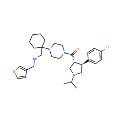 CC(C)N1C[C@H](c2ccc(Cl)cc2)[C@@H](C(=O)N2CCN(C3(CNCc4ccoc4)CCCCC3)CC2)C1 ZINC000028953728