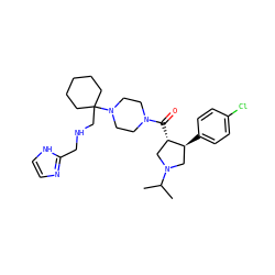 CC(C)N1C[C@H](c2ccc(Cl)cc2)[C@@H](C(=O)N2CCN(C3(CNCc4ncc[nH]4)CCCCC3)CC2)C1 ZINC000028953763