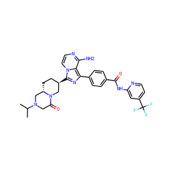 CC(C)N1CC(=O)N2C[C@H](c3nc(-c4ccc(C(=O)Nc5cc(C(F)(F)F)ccn5)cc4)c4c(N)nccn34)CC[C@H]2C1 ZINC000145529812