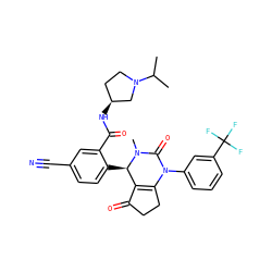 CC(C)N1CC[C@H](NC(=O)c2cc(C#N)ccc2[C@@H]2C3=C(CCC3=O)N(c3cccc(C(F)(F)F)c3)C(=O)N2C)C1 ZINC001772617108