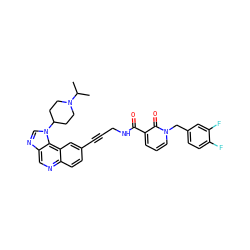 CC(C)N1CCC(n2cnc3cnc4ccc(C#CCNC(=O)c5cccn(Cc6ccc(F)c(F)c6)c5=O)cc4c32)CC1 ZINC000169710249