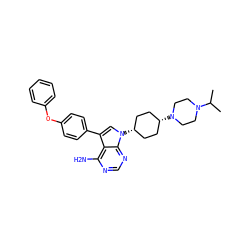 CC(C)N1CCN([C@H]2CC[C@@H](n3cc(-c4ccc(Oc5ccccc5)cc4)c4c(N)ncnc43)CC2)CC1 ZINC000145611230