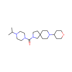 CC(C)N1CCN(C(=O)N2CCC3(CCN(C4CCOCC4)CC3)C2)CC1 ZINC000103243064