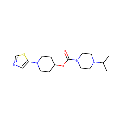 CC(C)N1CCN(C(=O)OC2CCN(c3cncs3)CC2)CC1 ZINC000223508393
