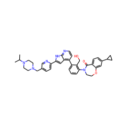 CC(C)N1CCN(Cc2ccc(-c3cc4c(-c5cccc(N6CCOc7cc(C8CC8)ccc7C6=O)c5CO)ccnc4[nH]3)nc2)CC1 ZINC000224763981