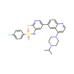 CC(C)N1CCN(c2ccnc3ccc(-c4cnc(Cl)c(NS(=O)(=O)c5ccc(F)cc5)c4)cc23)CC1 ZINC000073196261