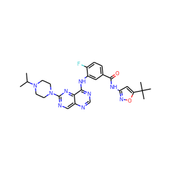 CC(C)N1CCN(c2ncc3ncnc(Nc4cc(C(=O)Nc5cc(C(C)(C)C)on5)ccc4F)c3n2)CC1 ZINC000148275415