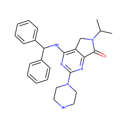 CC(C)N1Cc2c(NC(c3ccccc3)c3ccccc3)nc(N3CCNCC3)nc2C1=O ZINC000084634695