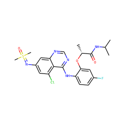 CC(C)NC(=O)[C@@H](C)Oc1cc(F)ccc1Nc1ncnc2cc(N=S(C)(C)=O)cc(Cl)c12 ZINC001772574265