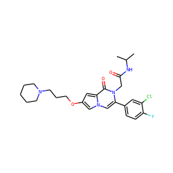 CC(C)NC(=O)Cn1c(-c2ccc(F)c(Cl)c2)cn2cc(OCCCN3CCCCC3)cc2c1=O ZINC000058575281