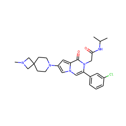 CC(C)NC(=O)Cn1c(-c2cccc(Cl)c2)cn2cc(N3CCC4(CC3)CN(C)C4)cc2c1=O ZINC000058591301