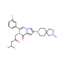 CC(C)NC(=O)Cn1c(-c2cccc(Cl)c2)cn2cc(N3CCC4(CCN(C)C4)CC3)cc2c1=O ZINC000058582780